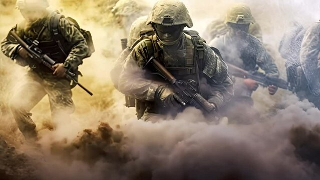 Battle of the military in the war. Military troops in the smoke