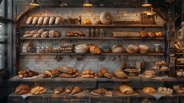 Gourmet bakery with artisanal breads, great for promoting bakery items and rustic kitchen themes