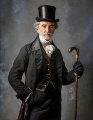 aristocratic man wear luxury piece suit top hat in style 18th 19th nineteenth century. male wearing white gloves holding stick, staff, cane.  portrait of old male isolated on background. Elegant man