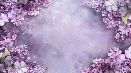 Flowers frame on graceful lilac background with blooming hydrangeas