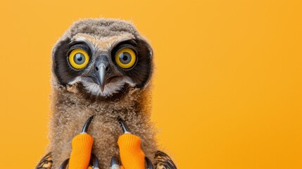  A bird closely holds two pairs of scissors, yellow background, owl with black and white features on its face