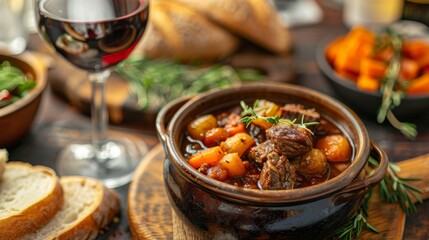 Homemade beef stew in rustic setting, ideal for dinner menus and food photography