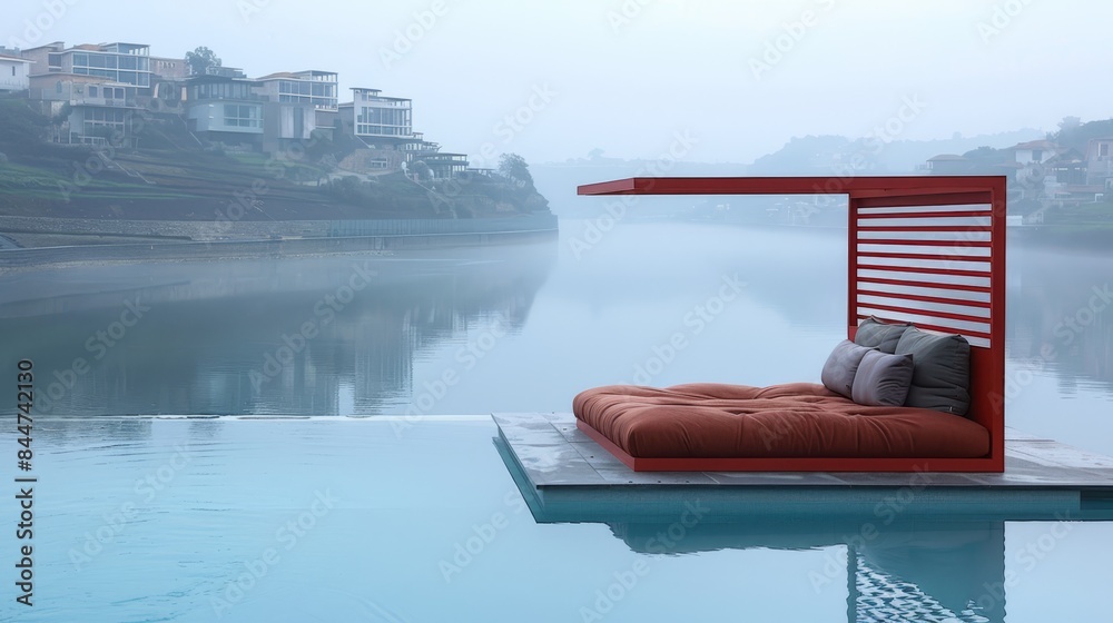 Wall mural a red couch atop a wooden platform by a foggy, overcast body of water houses are visible in the back