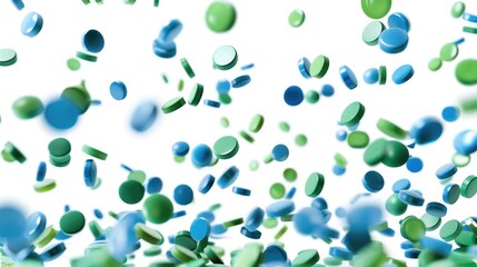 Blue and green pills falling on white background with room for text