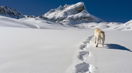  A dog walks through the snow, leaving distinct paw prints Behind it, snow-covered mountain ranges...