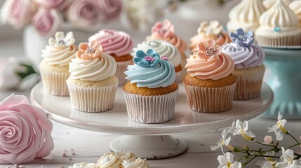 Elegant cupcakes with various decorations, ideal for bakery menus and food photography