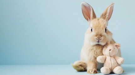 Serene rabbit sitting peacefully on pastel background with a plush toy