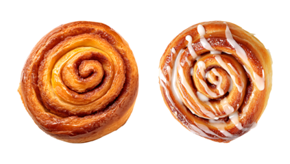 Cinnamon rolls, one plain and one drizzled with icing, showcasing a perfect spiral of golden brown dough.