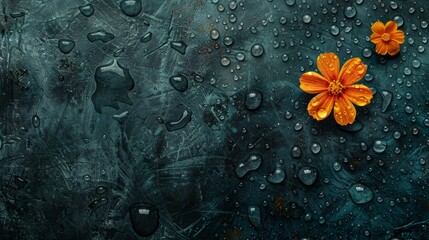  Two orange flowers sit atop a black surface, dotted with water droplets Water drops glisten on the surface