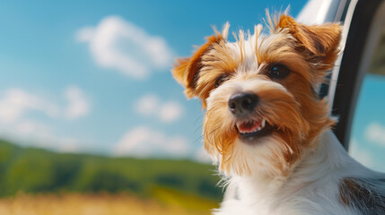 Joyful dog is sticking its head out of a car window, savoring a countryside adventure during a road trip