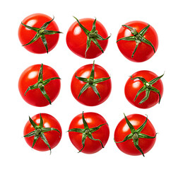 Cherry tomatoes viewed from above form a grid pattern, showcasing their vibrant red color and delicate green stems.