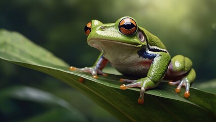 Fototapeta premium Close-up of vibrant green frogs resting on a leaf. Generative AI