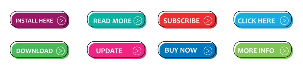 Set of read more, click here, subscribe, install here, buy now, update, element isolated on transparent background.