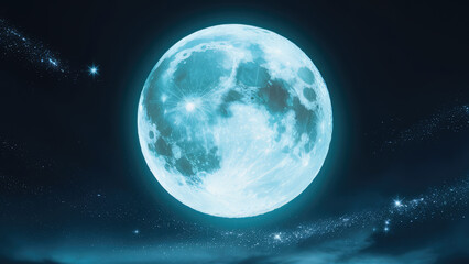 a full light blue moon in the night sky lots of shiny silver stars