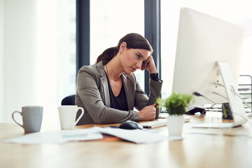 Woman, employee and tired on computer in office for internet or online error with research for...