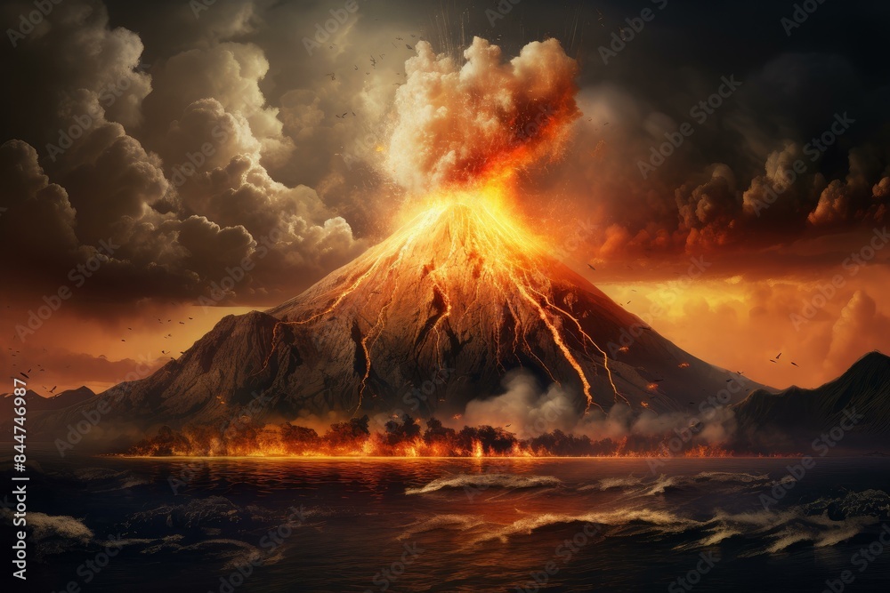 Wall mural Stunning display of nature's power as a volcano erupts in a fiery spectacle against a sunset sky