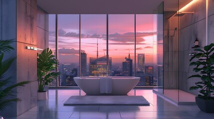 A luxurious bathroom with a large bathtub, modern fixtures, and a panoramic city view through large windows at sunset.
