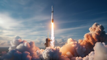 A SpaceX rocket is seen launching into the sky above a layer of clouds, showcasing a powerful and dynamic moment in space exploration.