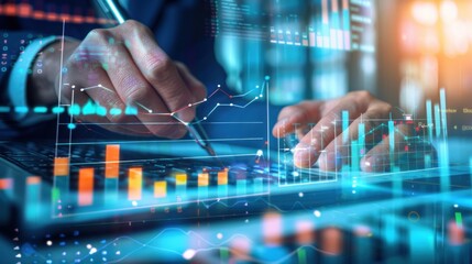analysis working with the latest financial results. Analysis of sales forecast graphs, financial accounting with hand writing Abstract digital effect for background