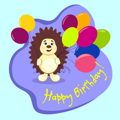 Obraz premium Bright children's Happy Birthday card in cartoon style, hedgehog holding balloons