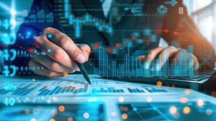 Fototapeta premium analysis working with the latest financial results. Analysis of sales forecast graphs, financial accounting with hand writing Abstract digital effect for background