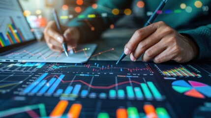 Fototapeta premium analysis working with the latest financial results. Analysis of sales forecast graphs, financial accounting with hand writing Abstract digital effect for background