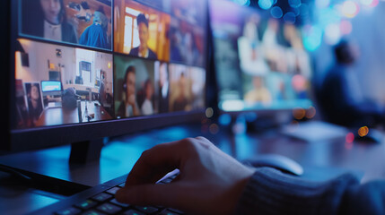 Dynamic Broadcast Control Room: Technician Monitoring Multiple Screens Showing Diverse Live Feeds