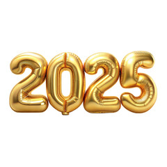 Golden 2025 balloon numbers on transparent background