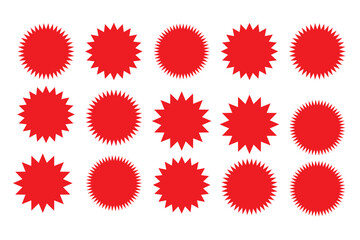 Set of sunburst badges, red stars. Bursting rays clip art. Starburst, graphic, shine, stamp, decoration, sunshine, glitter symbol. Vector design element great for retro style projects. 