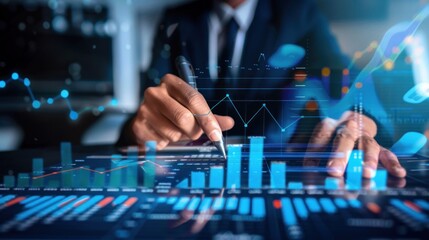 Fototapeta premium analysis working with the latest financial results. Analysis of sales forecast graphs, financial accounting with hand writing Abstract digital effect for background