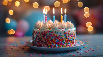 Birthday cake decorated with colorful and lit candles, set against a warm, bokeh background.