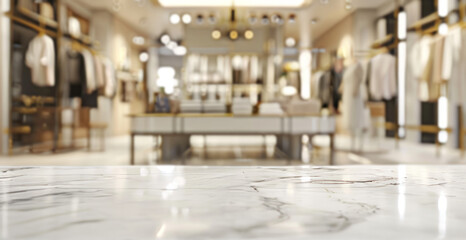 Empty marble table in clothing store. White marble tabletop for product display with blurred fashion shop interior background