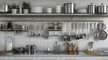 Counter with a background of kitchen utensils well organized on shelves. generative ai