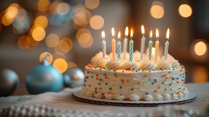 Birthday cake decorated with colorful and lit candles, set against a warm, bokeh background.