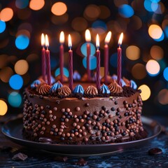 Chocolate birthday cake adorned with lit candles and decorative frosting, set against a sparkling bokeh background.