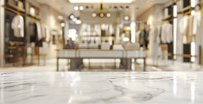 Empty marble table in clothing store. White marble tabletop for product display with blurred fashion shop interior background