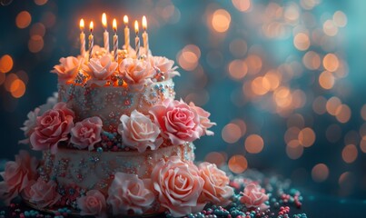 Elegant floral cake adorned with pink flowers and lit candles, set against a sparkling bokeh background.
