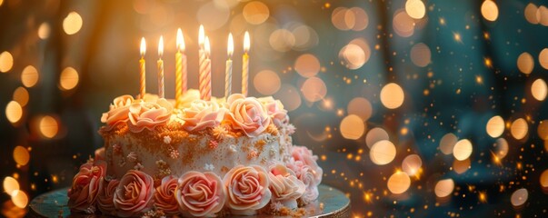 Elegant floral cake adorned with pink flowers and lit candles, set against a sparkling bokeh background.