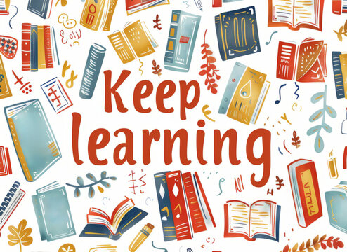 Keep learning education background. Colorful illustration with books and the phrase "Keep Learning," perfect for educational and motivational themes.
