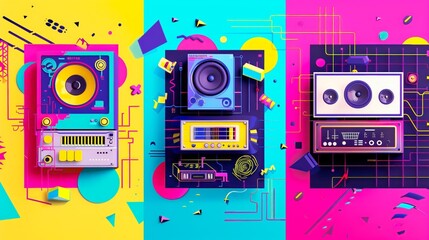 Fototapeta premium Retro Hi-Fi 90s: Abstract Neon Audio Equipment with Bold Colors and Geometric Patterns in a Vibrant Composition
