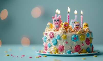 A vibrant birthday cake decorated with colorful icing, smiley faces, and lit candles.