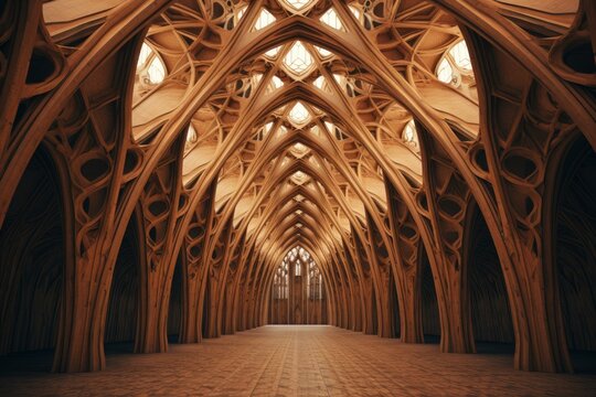 The breathtaking beauty of the gothic architectural style is showcased in the intricate and majestic wooden cathedral interior with its vaulted ceilings, symmetrical design, and ornate woodwork