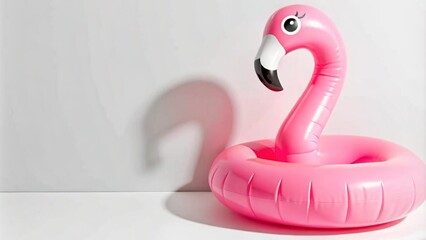 Trendy Summer composition made of pink flamingo inflatable on light background.Minimal summer concept.Creative art,Contemporary style.Banner background with writing space and copy space.