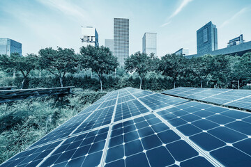 solar panels with cityscape of modern city