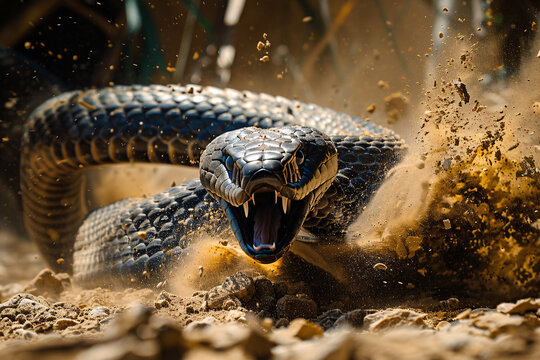 A black mamba attacking, venomous snake showing its fangs