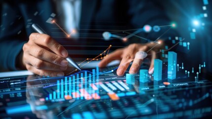 analysis working with the latest financial results. Analysis of sales forecast graphs, financial accounting with hand writing Abstract digital effect for background