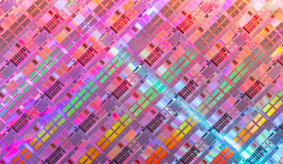 Silicon Wafers with microchips used in electronics for the fabrication of integrated circuits