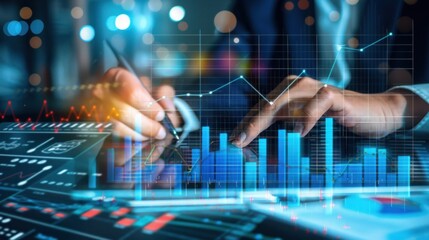 analysis working with the latest financial results. Analysis of sales forecast graphs, financial accounting with hand writing Abstract digital effect for background