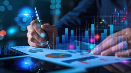 analysis working with the latest financial results. Analysis of sales forecast graphs, financial accounting with hand writing Abstract digital effect for background