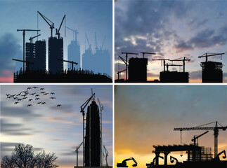 building cranes at work on different sky backgrounds